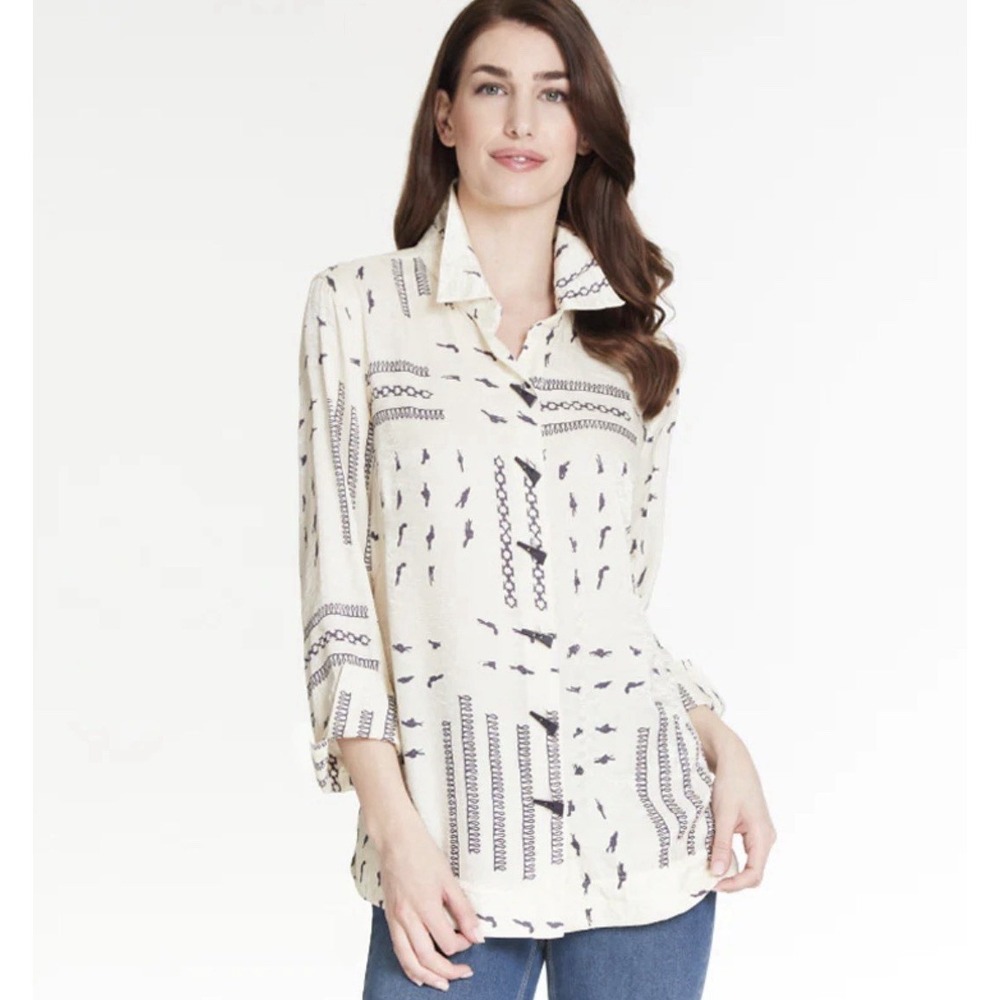 Multiples Women's Sateen Ivory Horn Button Front Tunic 3/4 Sleeves XS New $90